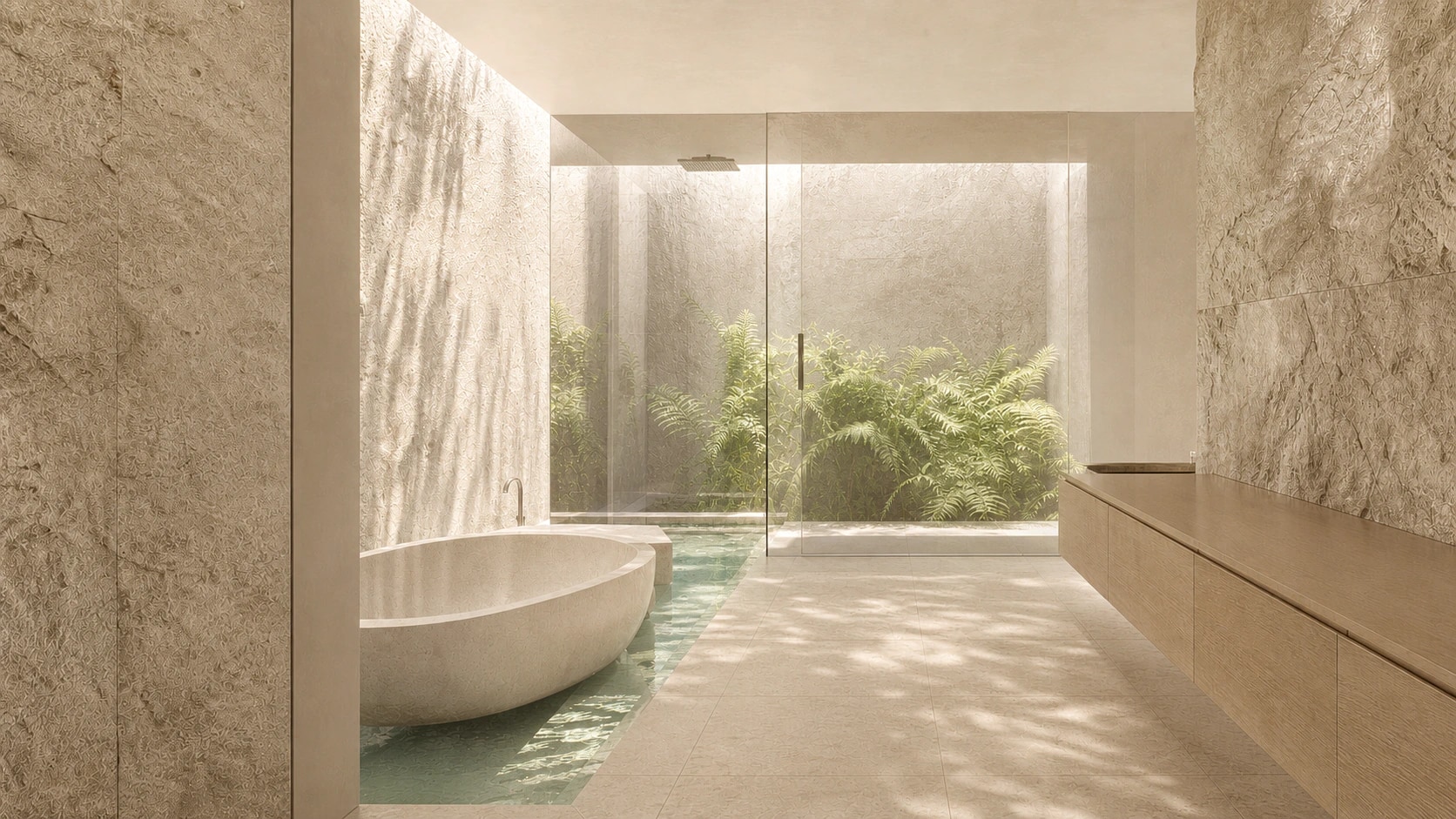 Private limestone bathing retreat with water and a fern courtyard
