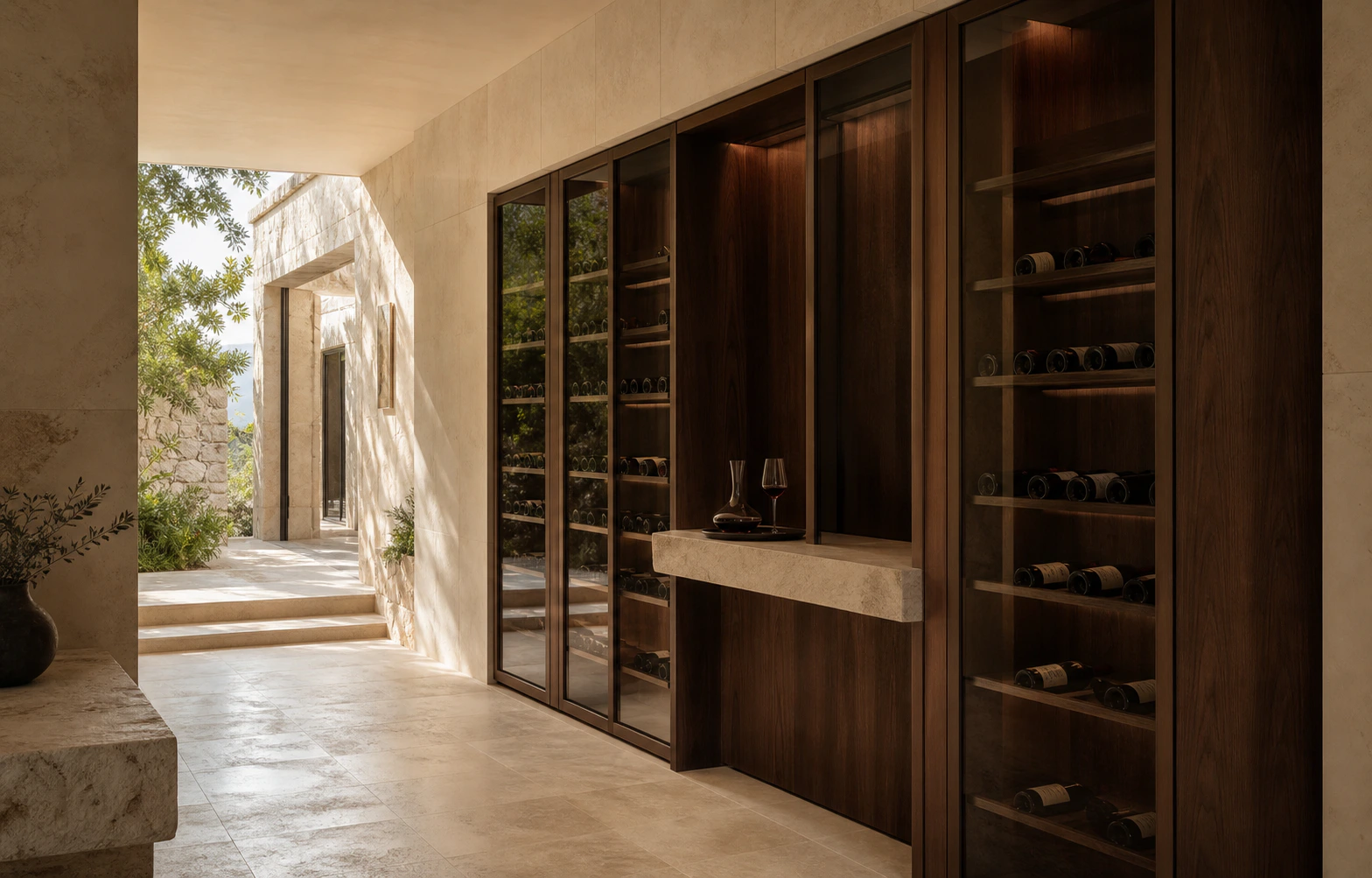 Climate-controlled wine gallery integrated into limestone architecture